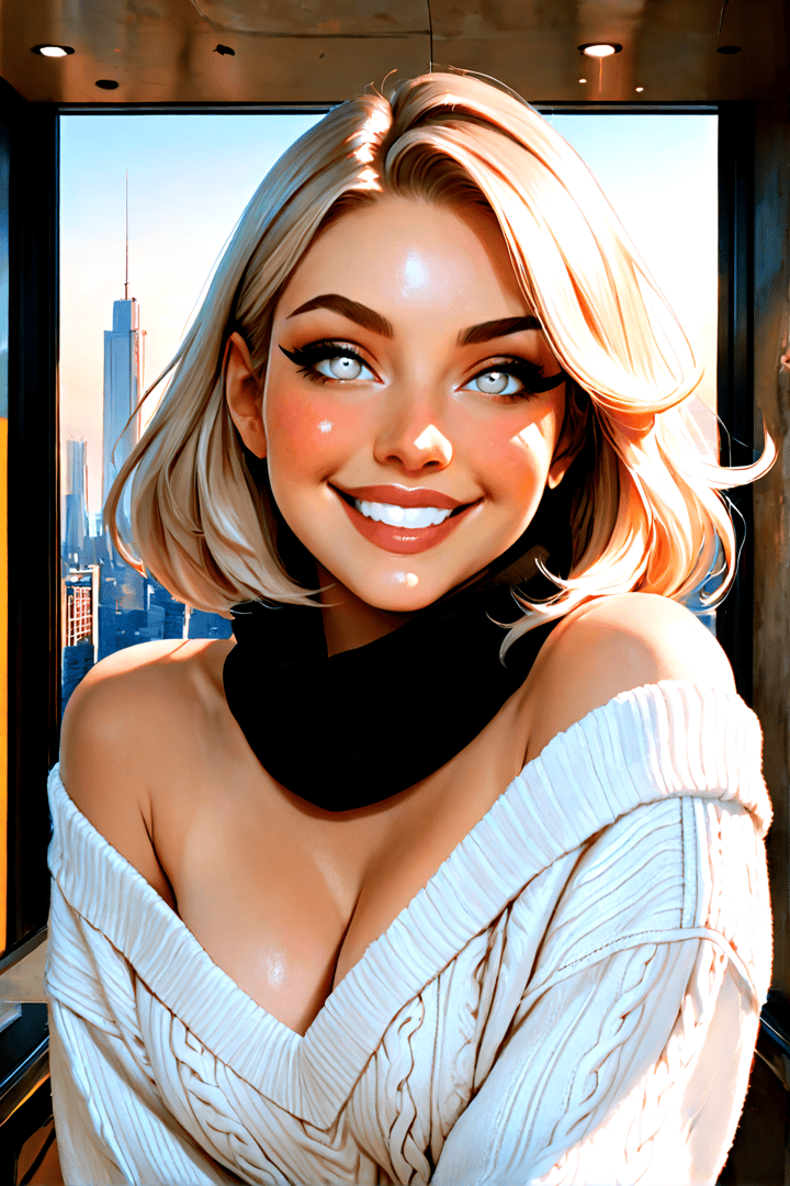 AI generated wallpaper featuring woman, blonde hair, cityscape, sweater, scarf, window
