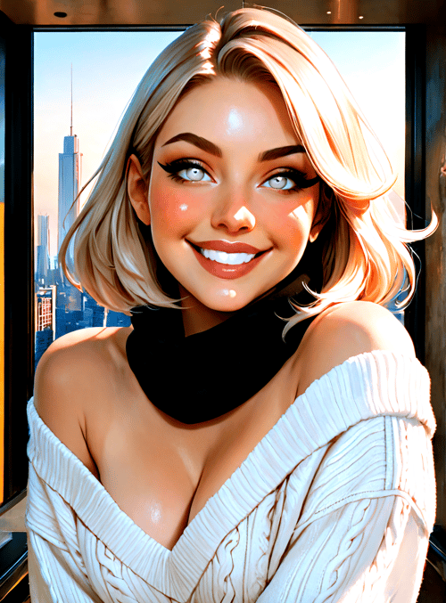 woman, blonde hair, cityscape, sweater, scarf, window