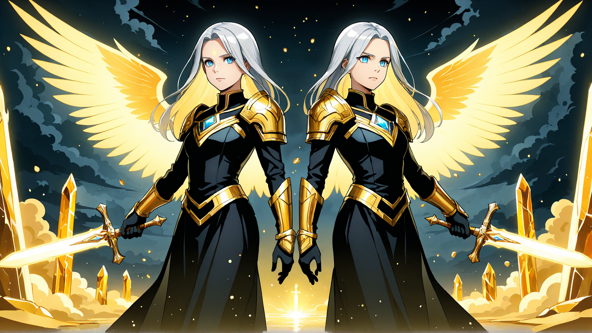 AI generated wallpaper featuring angel, woman, sword, armor, wing
