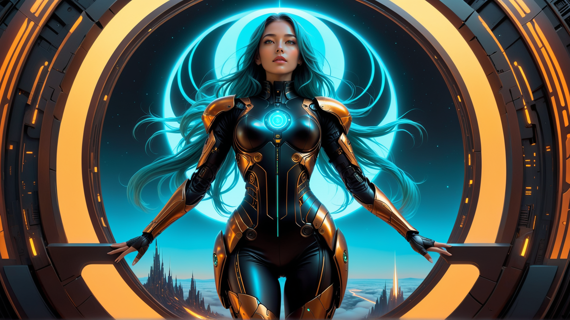AI generated wallpaper featuring cyborg, female, astronaut, goddess, character, spacesuit, mechanical, armor, sorceress, heroine
