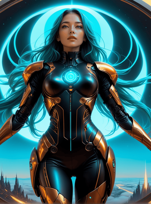 cyborg, female, astronaut, goddess, character, spacesuit, mechanical, armor, sorceress, heroine