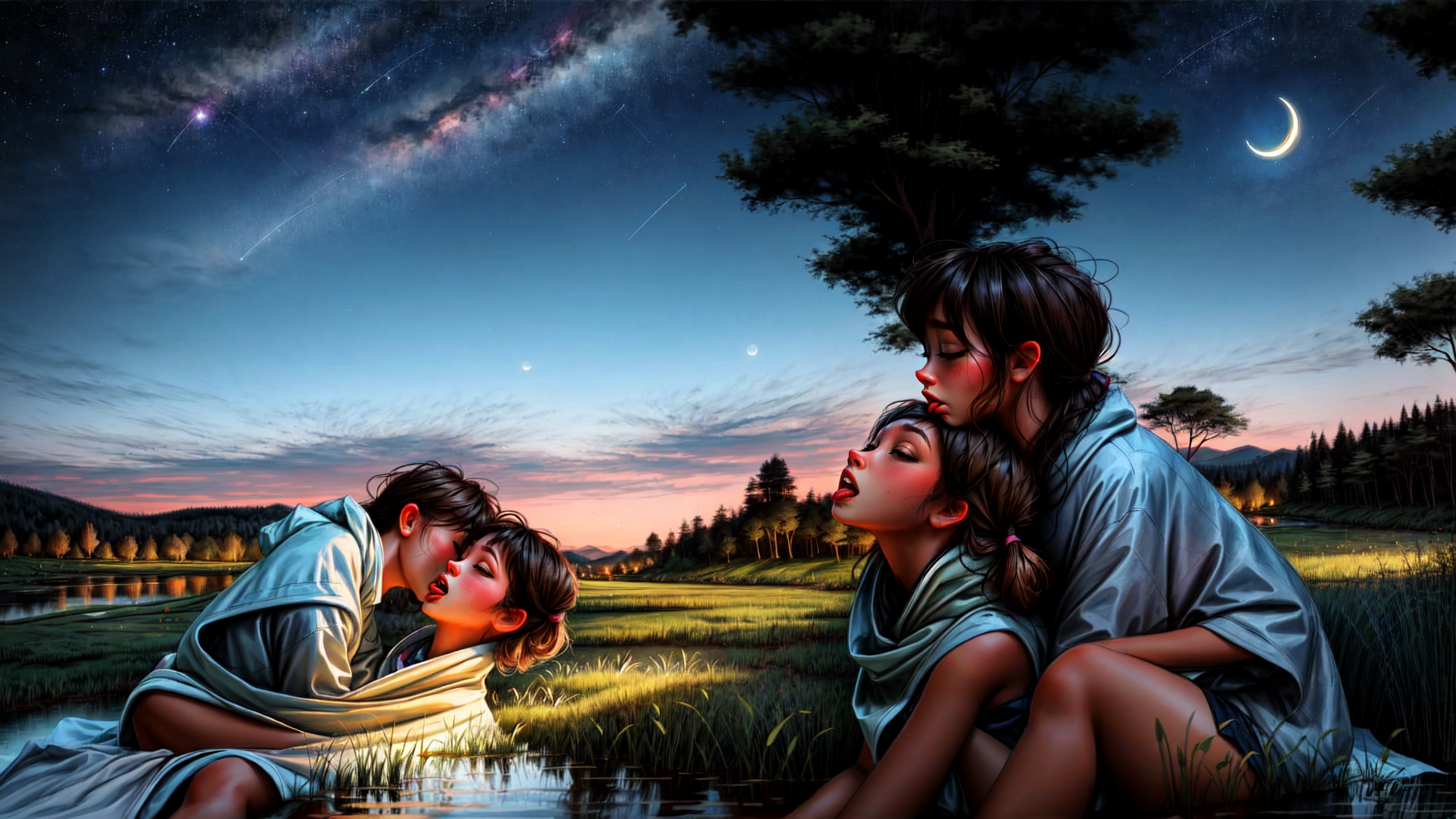 AI generated wallpaper featuring couple, girls, kiss, nature, moon, stars, field, trees, water, evening