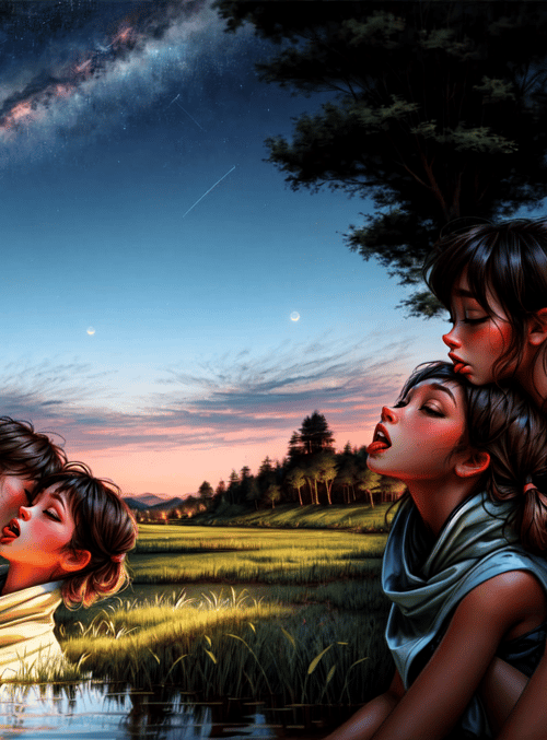 couple, girls, kiss, nature, moon, stars, field, trees, water, evening
