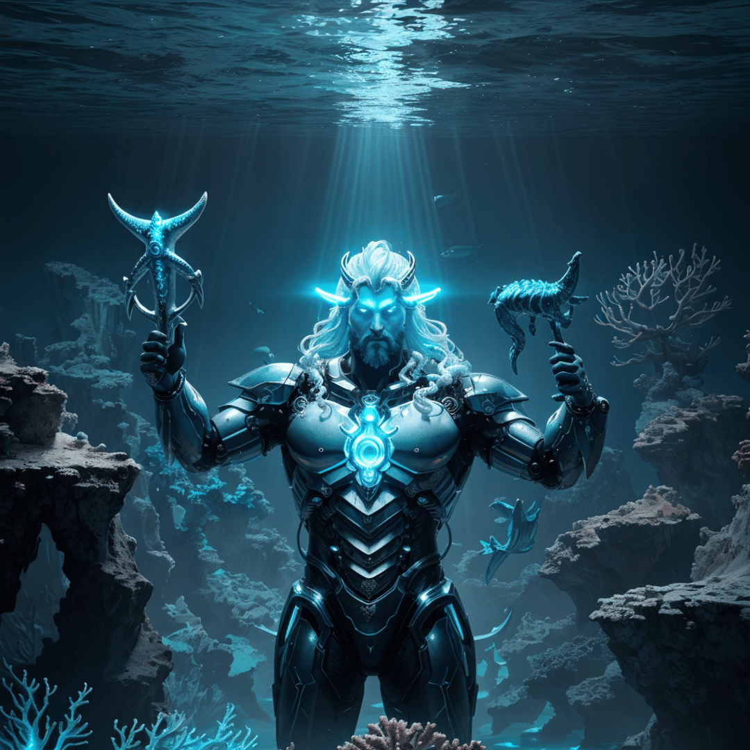 AI generated wallpaper featuring god, merman, ocean