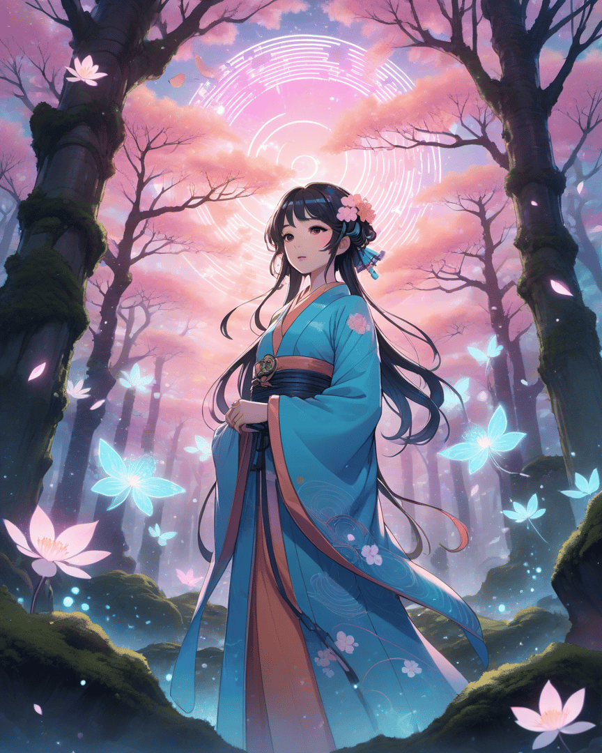 AI generated wallpaper featuring girl, butterfly, tree