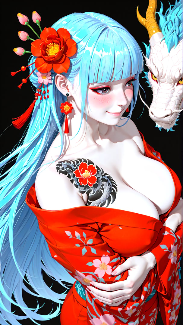AI generated wallpaper featuring woman, dragon, flower, kimono