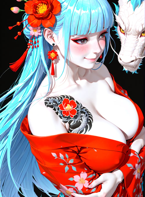 woman, dragon, flower, kimono