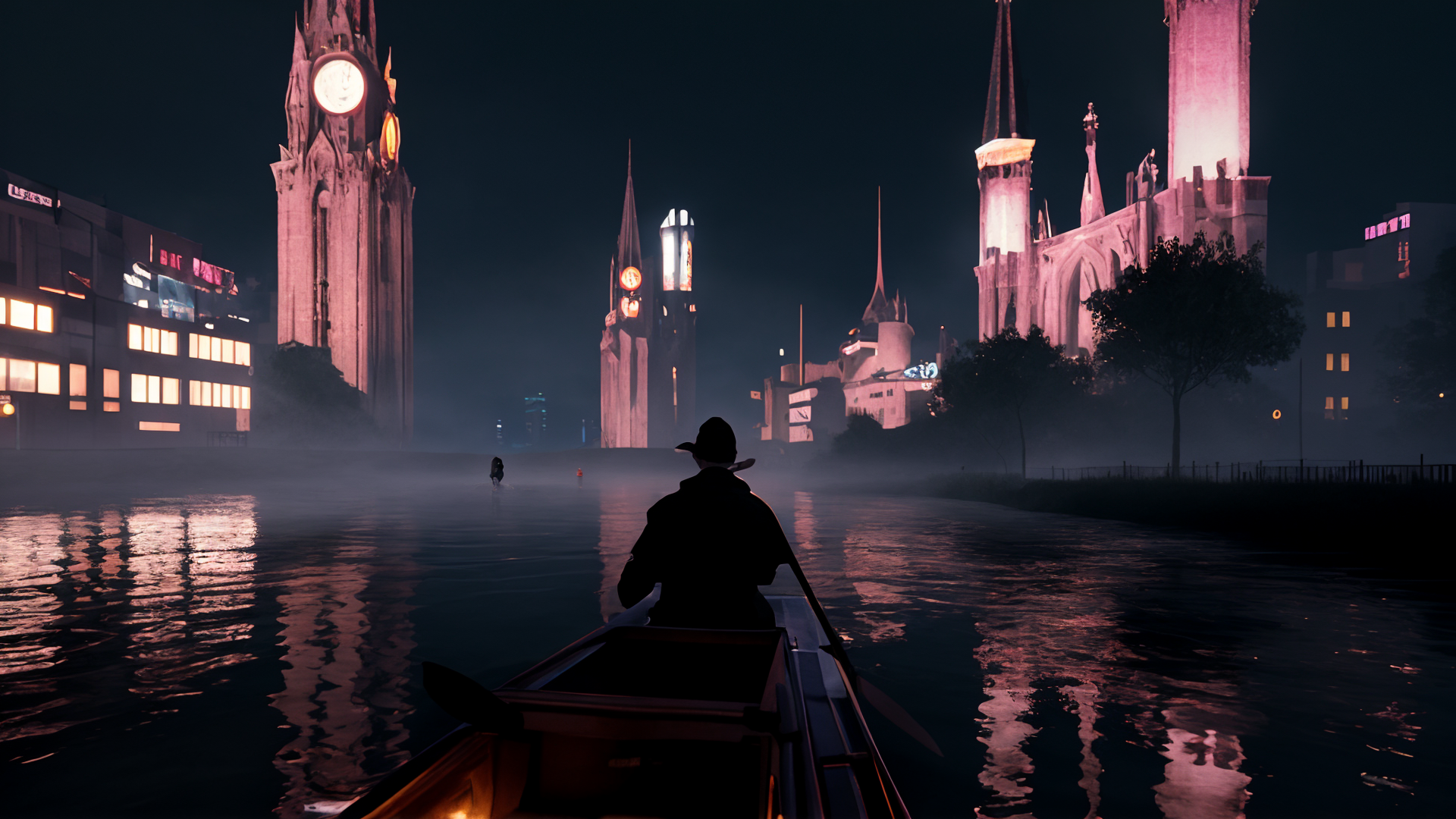 AI generated wallpaper featuring gondolier, cityscape, clock tower