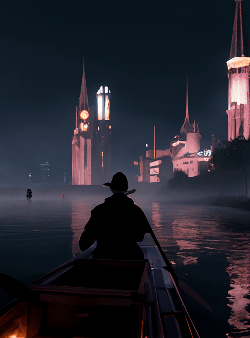 gondolier, cityscape, clock tower