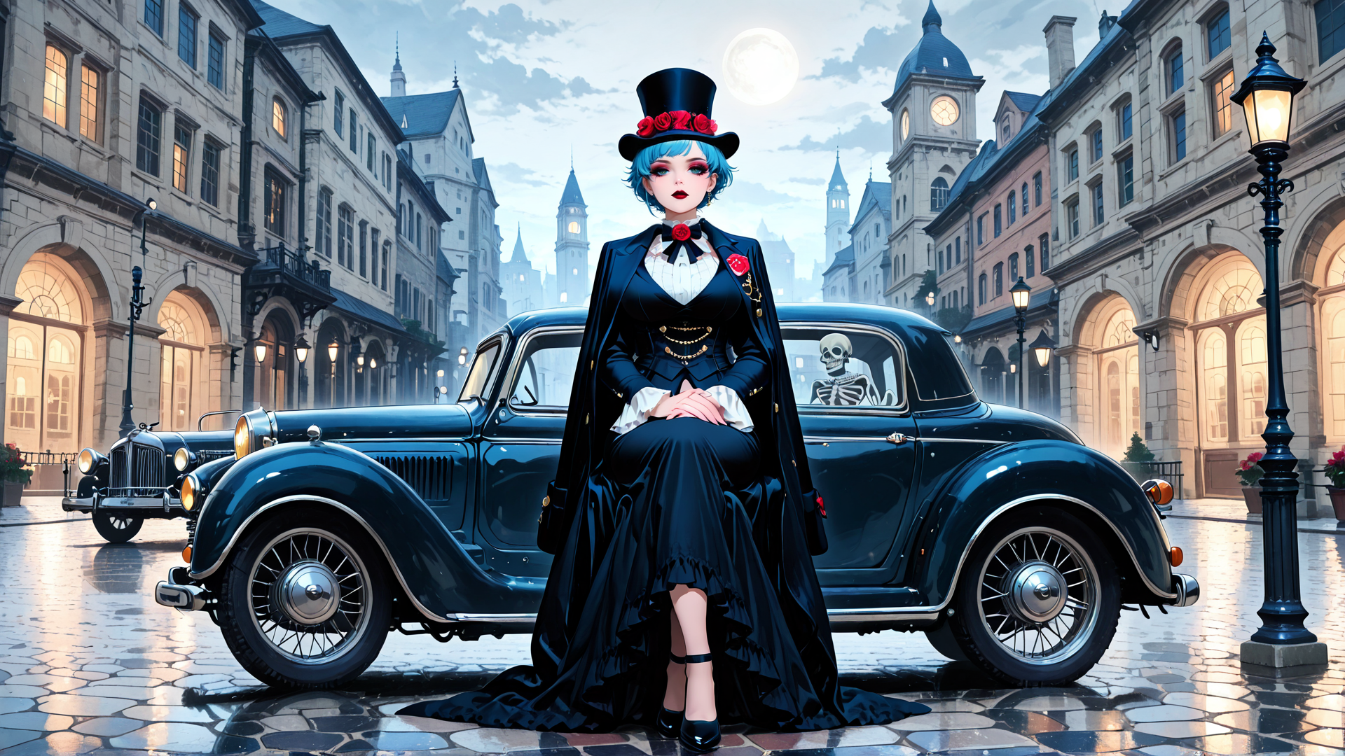 AI generated wallpaper featuring woman, car, city, hat, skeleton, streetlamp, building