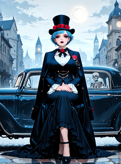 woman, car, city, hat, skeleton, streetlamp, building