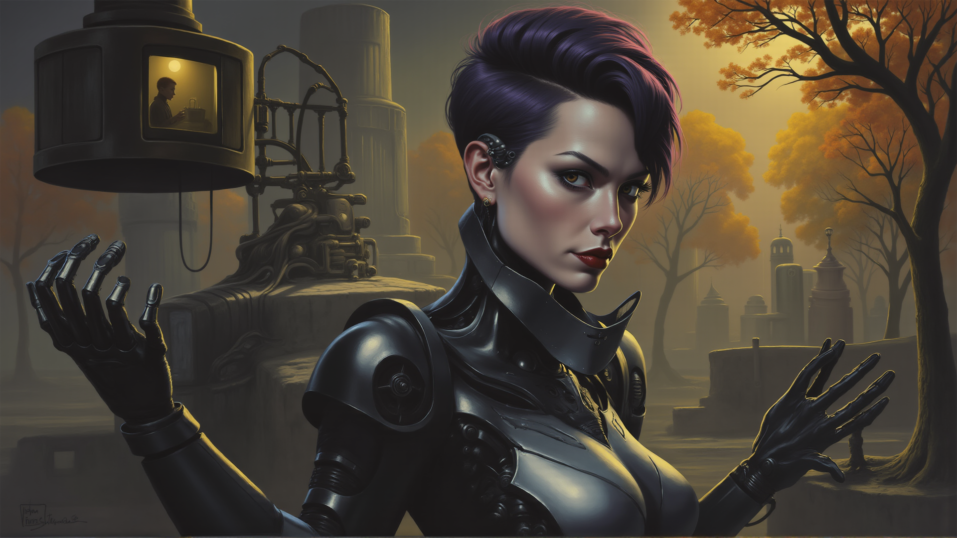 AI generated wallpaper featuring robot, woman, gloved hands, tree, cemetery, lamp post