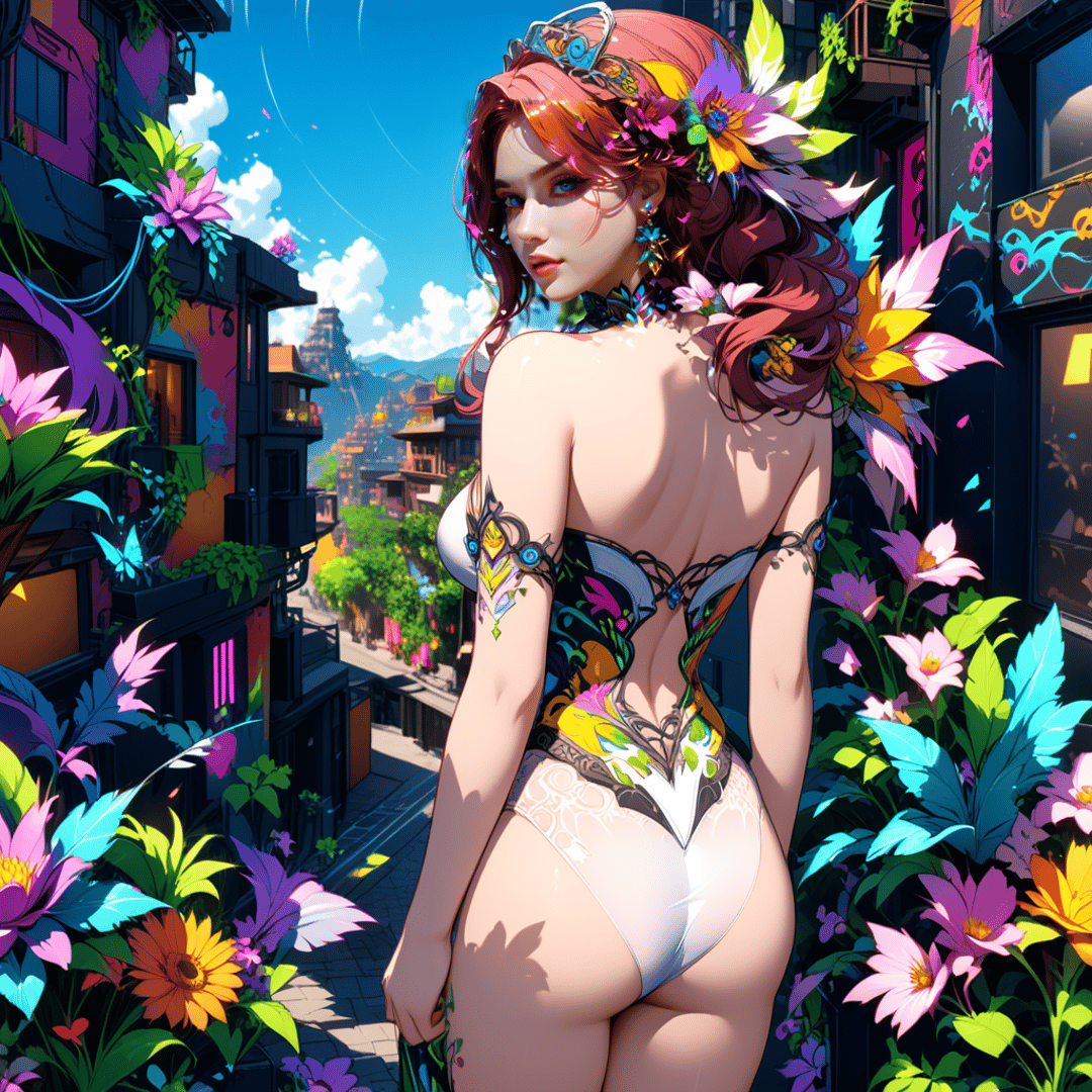 AI generated wallpaper featuring woman, flowers, city