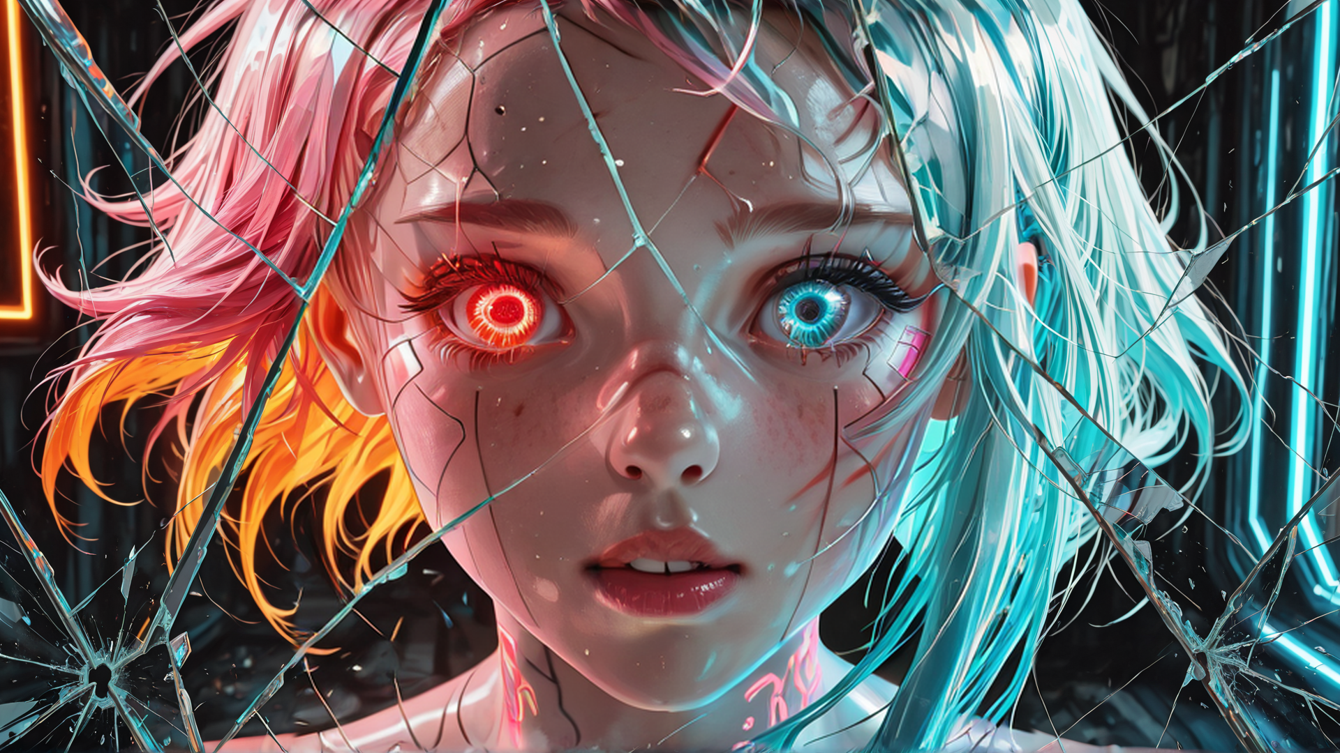 AI generated wallpaper featuring girl, cyborg, neon, hair, face, glass, digital
