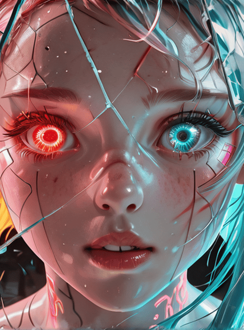 girl, cyborg, neon, hair, face, glass, digital