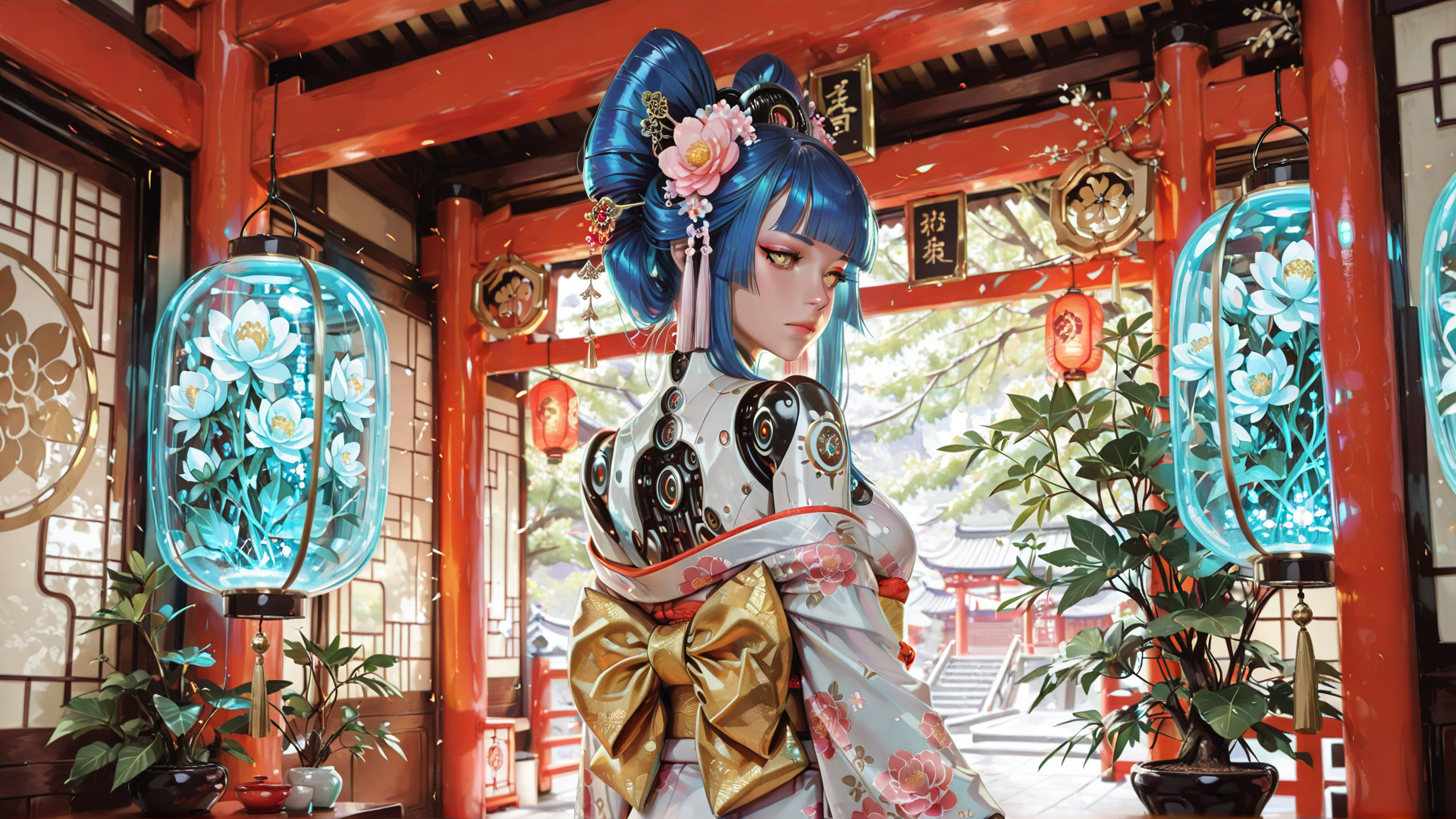 AI generated wallpaper featuring cyberpunk, geisha, anime, robot, kimono, lantern, flower, traditional, building, garden