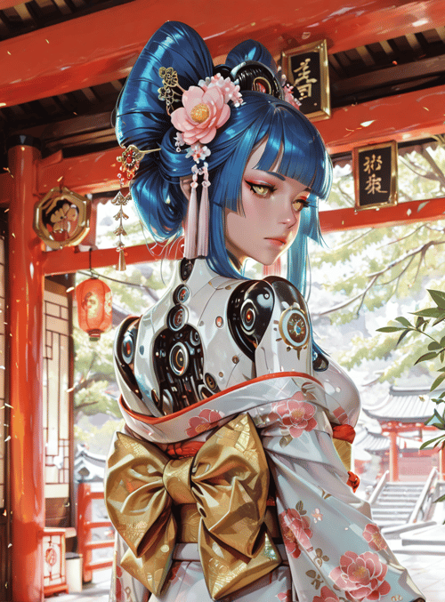 cyberpunk, geisha, anime, robot, kimono, lantern, flower, traditional, building, garden