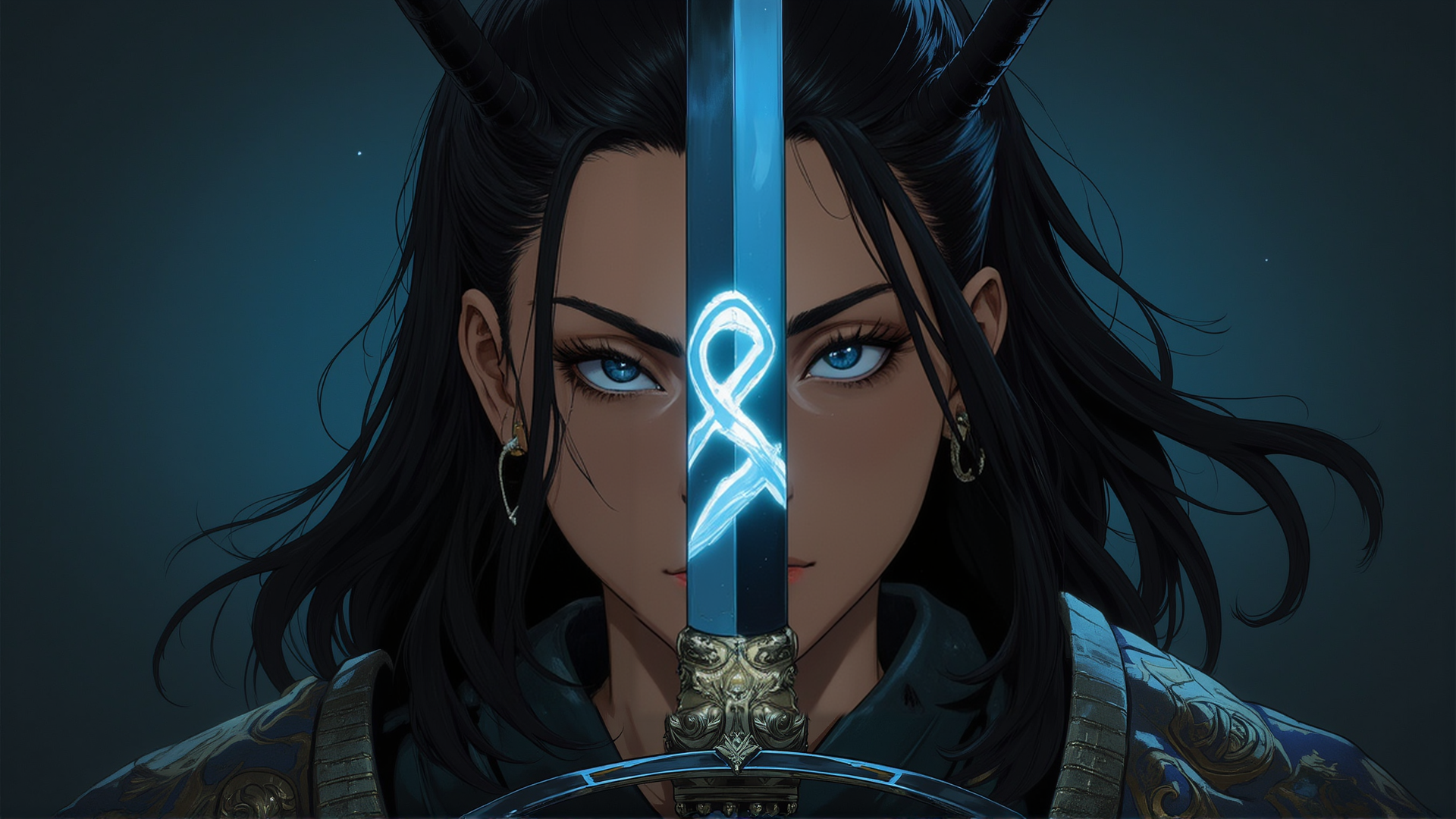 AI generated wallpaper featuring woman, sword, horn
