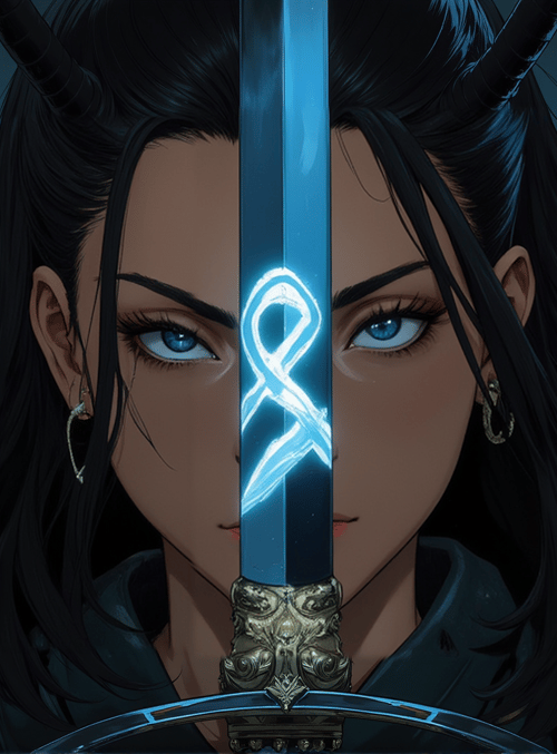 woman, sword, horn