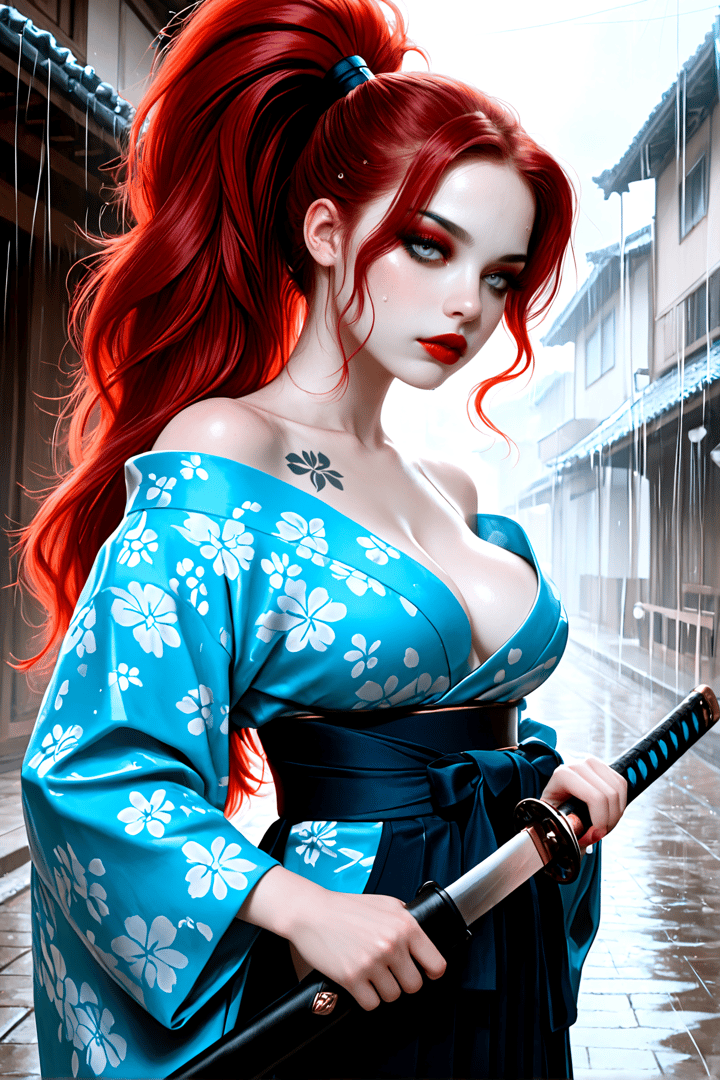 AI generated wallpaper featuring woman, swordsman, kimono, red hair, tattoo, rain