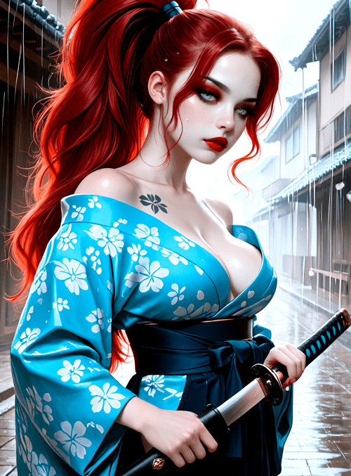 woman, swordsman, kimono, red hair, tattoo, rain