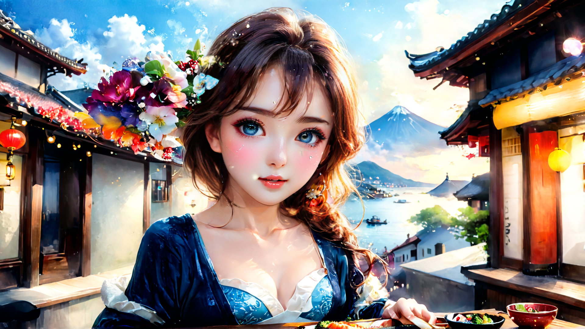 AI generated wallpaper featuring woman, flowers, mountain