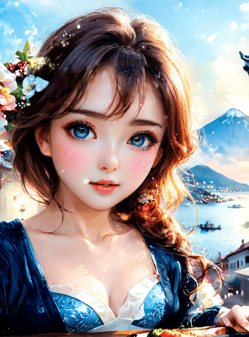 woman, flowers, mountain