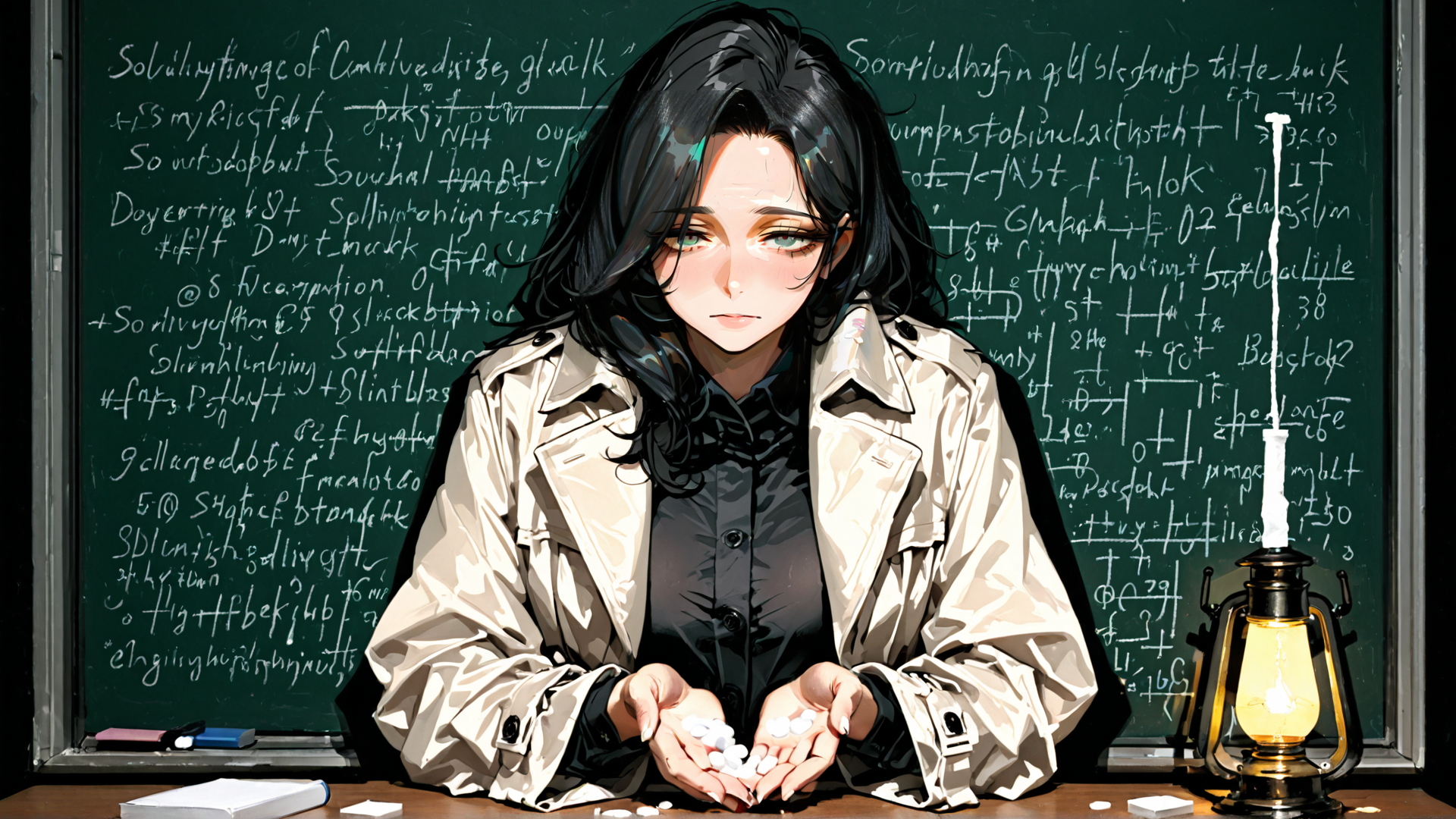 AI generated wallpaper featuring woman, chalkboard, lamp