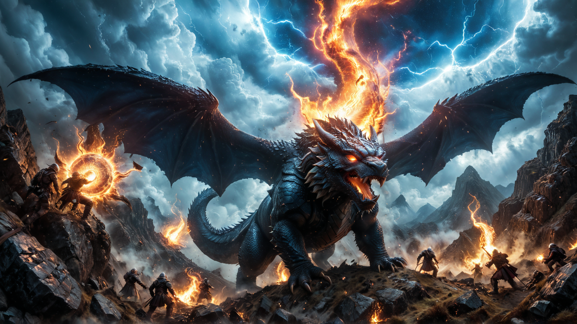 AI generated wallpaper featuring dragon, warriors, fire