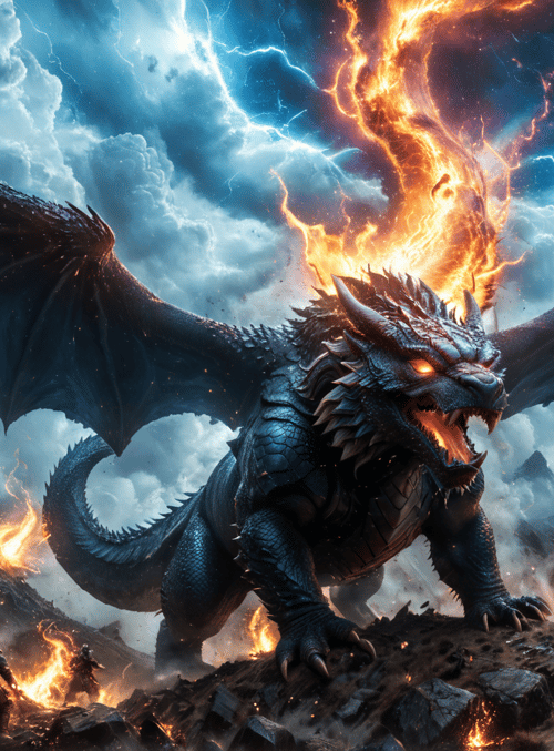 dragon, warriors, fire