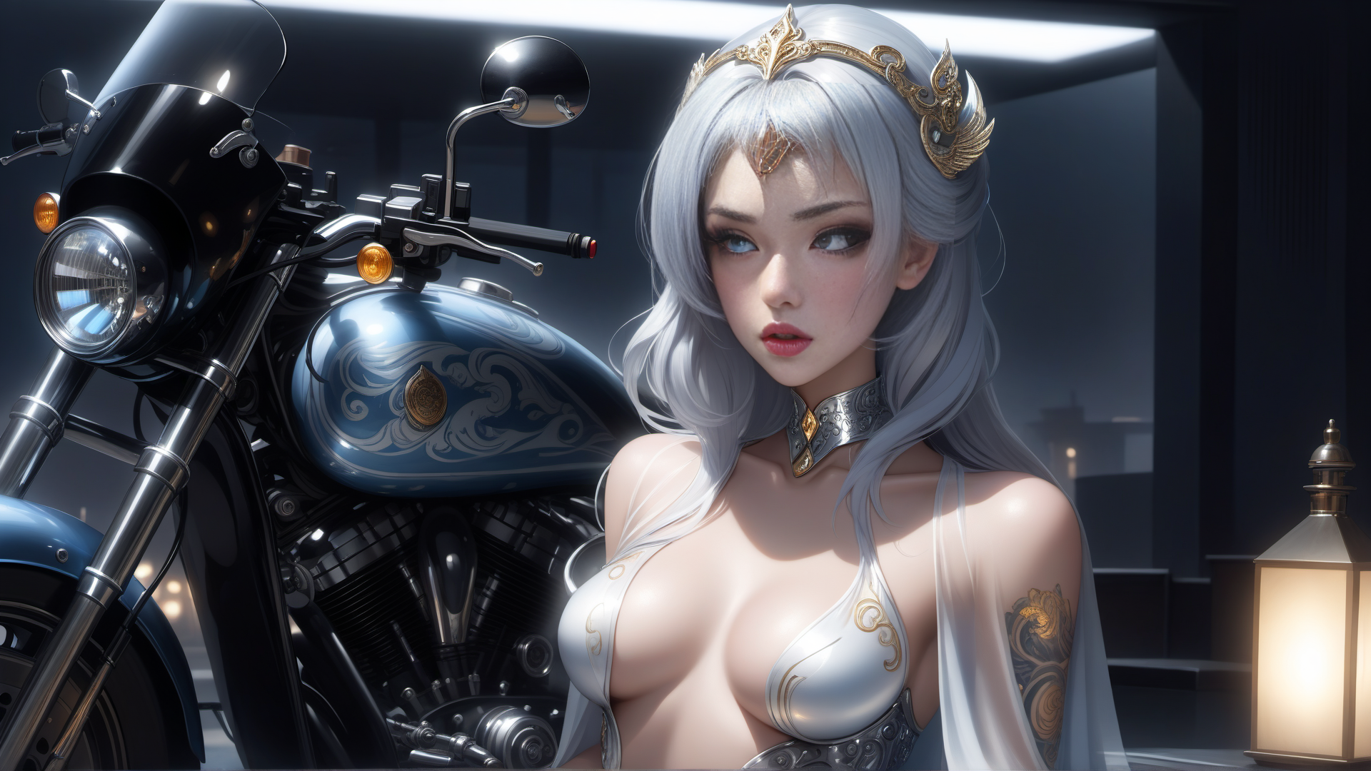 AI generated wallpaper featuring woman, motorcycle, lantern