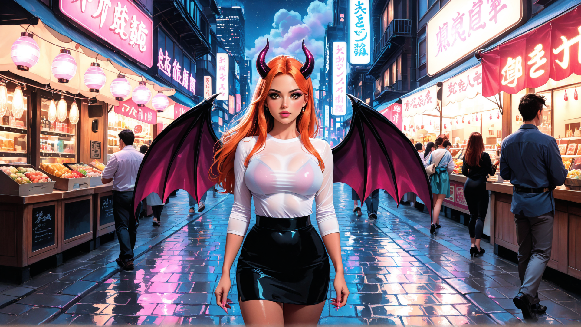 AI generated wallpaper featuring woman, devil horns, wings, market, street, nails, signs, fruit, buildings, people