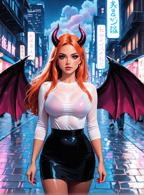 woman, devil horns, wings, market, street, nails, signs, fruit, buildings, people