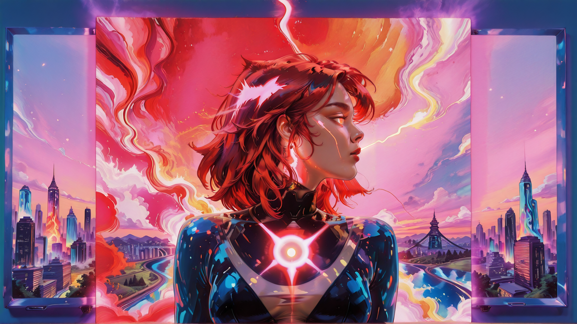 AI generated wallpaper featuring woman, cityscape, neon, futuristic, portrait
