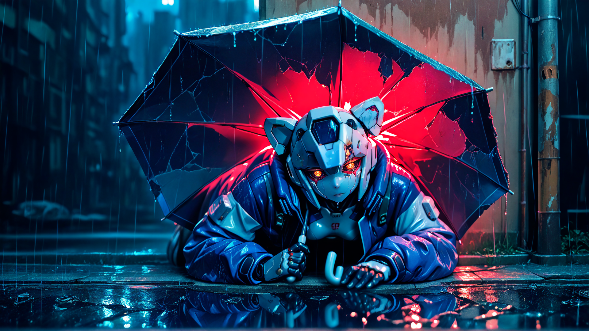 AI generated wallpaper featuring robot, umbrella, city