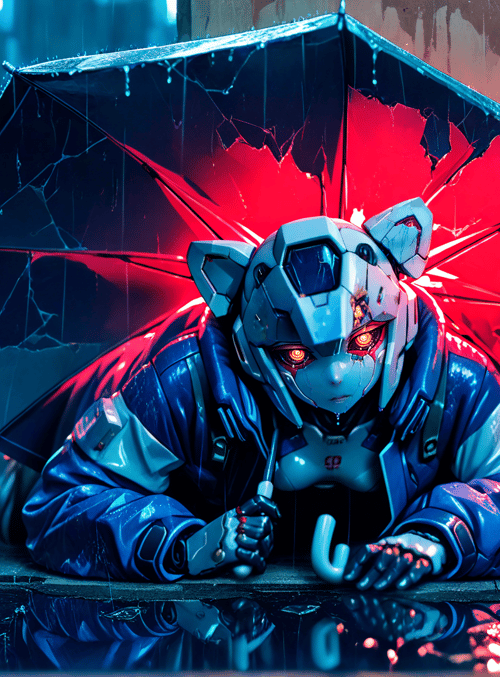 robot, umbrella, city