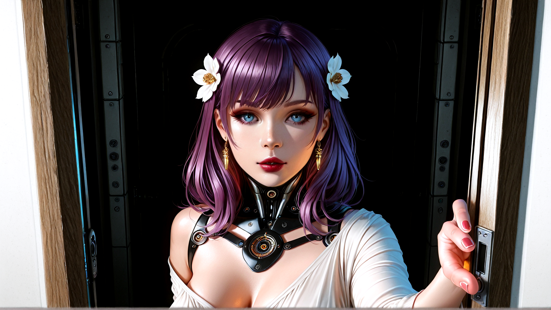 AI generated wallpaper featuring woman, robot, door