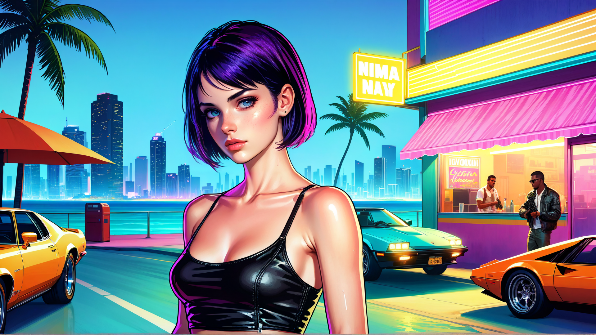 AI generated wallpaper featuring woman, cars, cityscape
