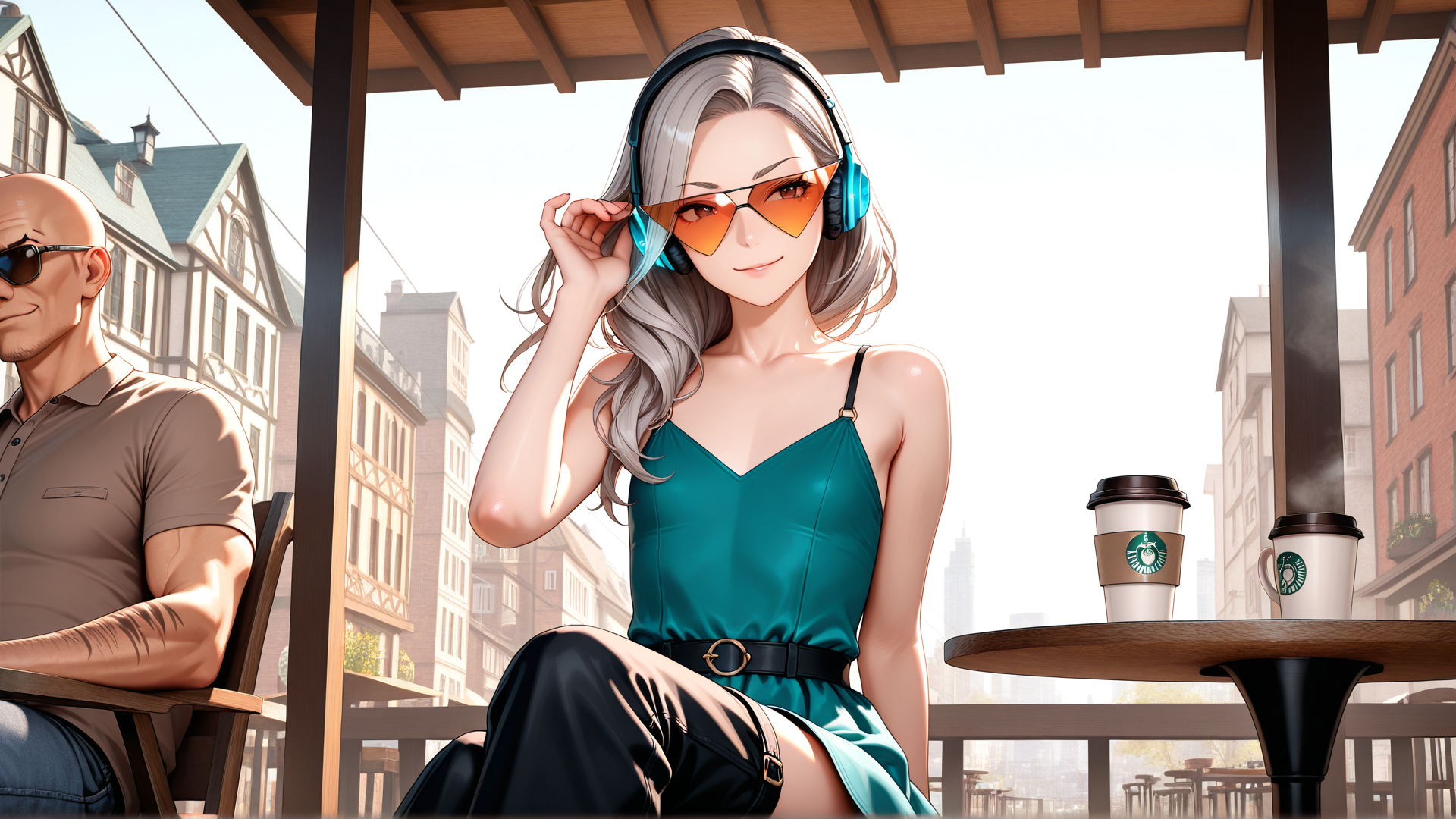 AI generated wallpaper featuring woman, man, coffee cup, headphones, sunglasses, table, cityscape, dress, building, chair