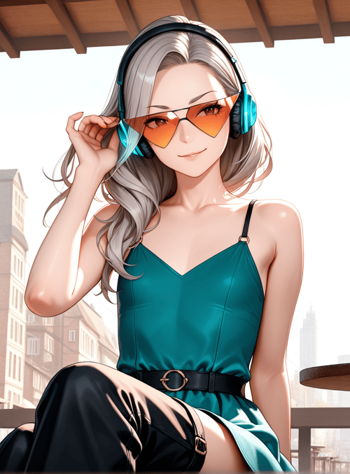 woman, man, coffee cup, headphones, sunglasses, table, cityscape, dress, building, chair