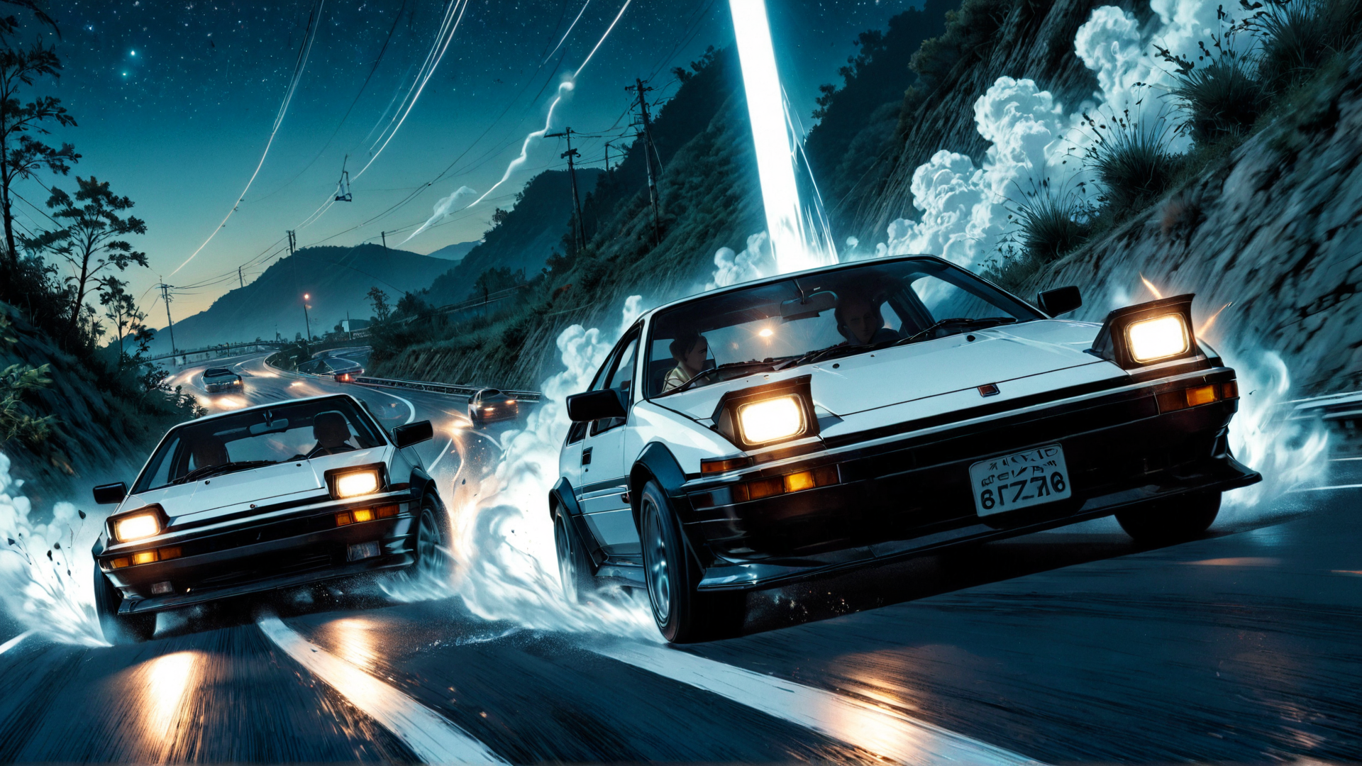 AI generated wallpaper featuring cars, road, night, mountains, smoke, stars, power lines, license plate, driver, neon