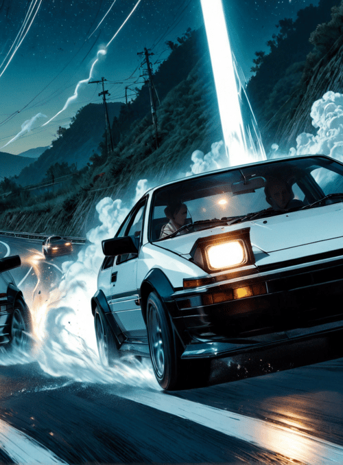 cars, road, night, mountains, smoke, stars, power lines, license plate, driver, neon