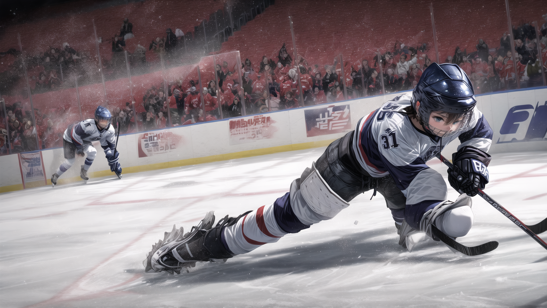 AI generated wallpaper featuring ice hockey, player, rinks, crowd, helmet, skates, stick, jersey, sweater, ice