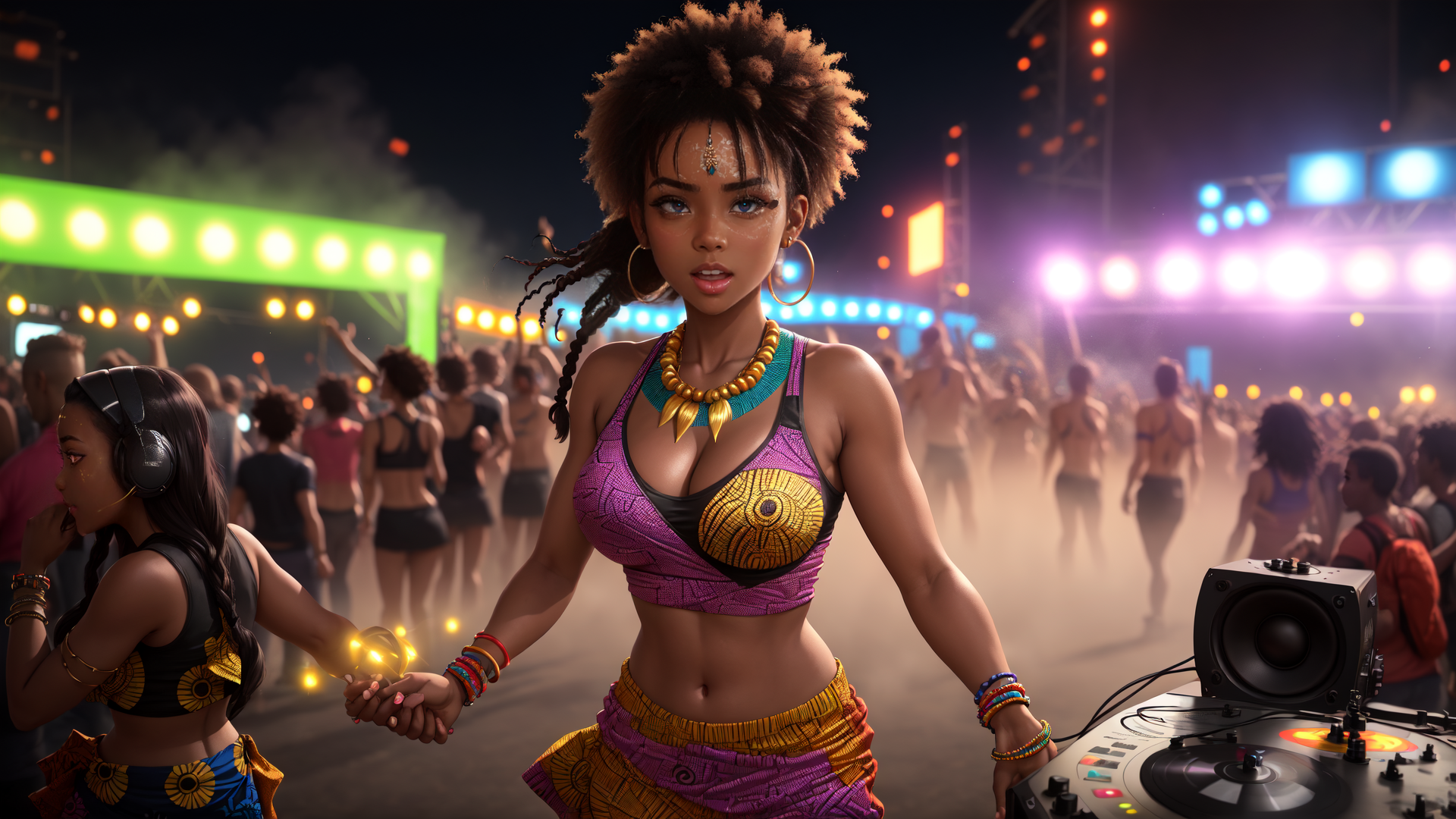 AI generated wallpaper featuring woman, dj, crowd