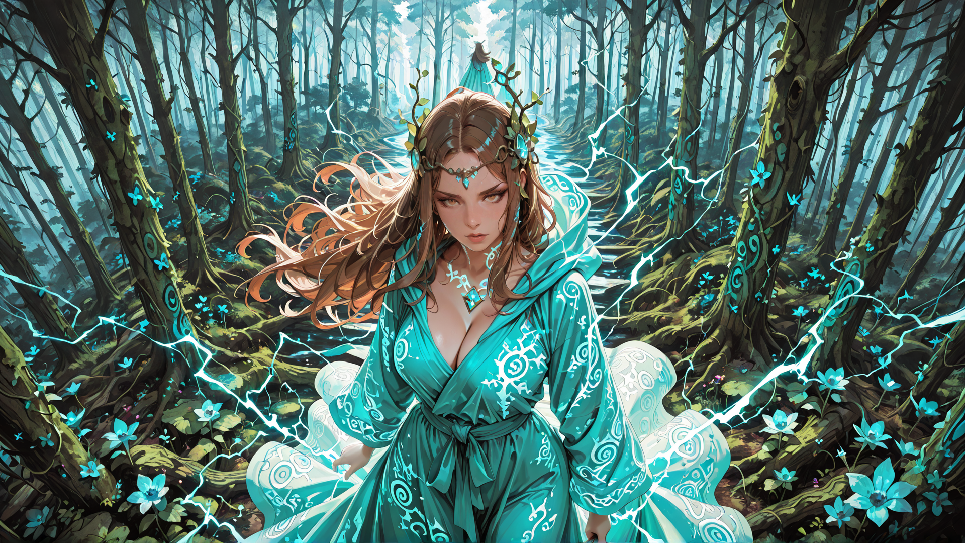 AI generated wallpaper featuring woman, forest, trees, flowers, lightning, dress, nature, magic, fairy, goddess