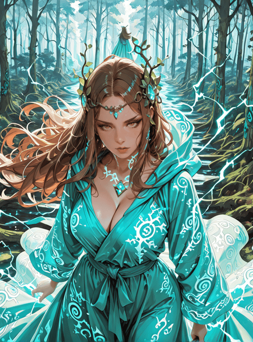 woman, forest, trees, flowers, lightning, dress, nature, magic, fairy, goddess