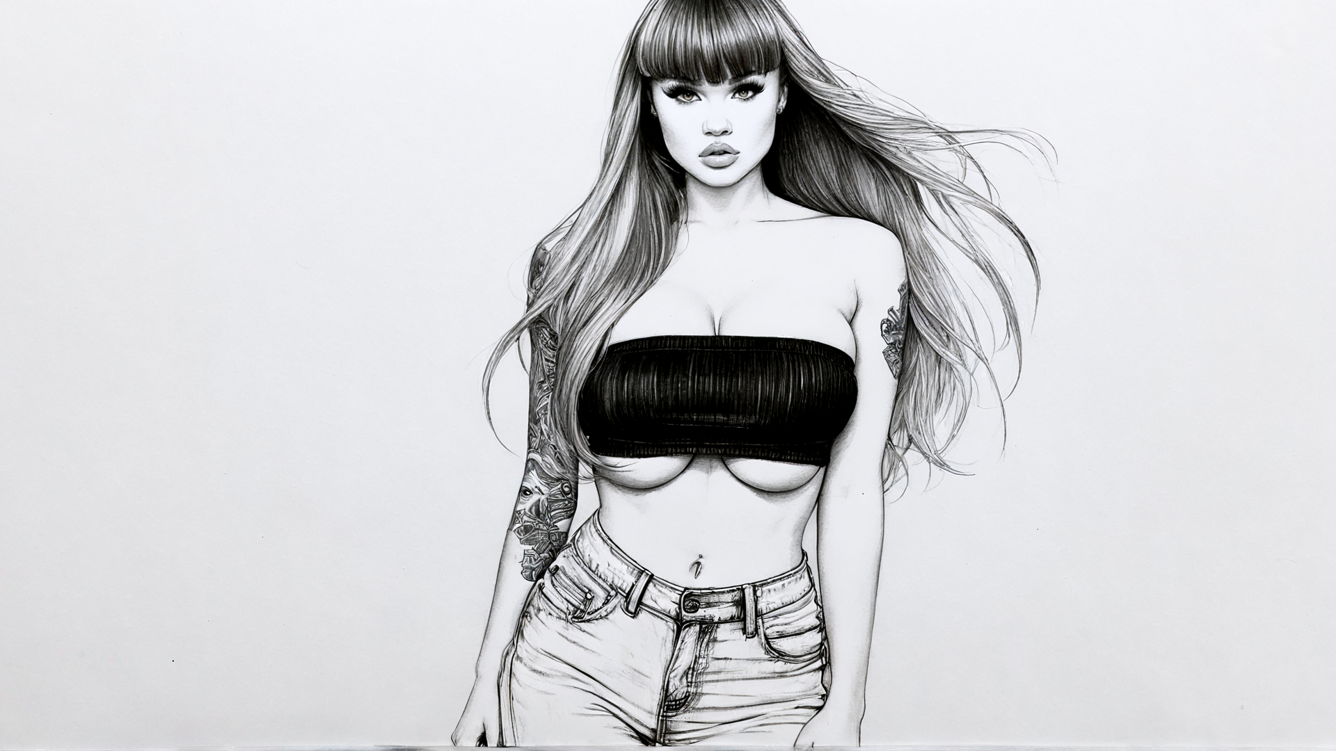 AI generated wallpaper featuring woman, tattoo, hair, top, jeans, nose, face