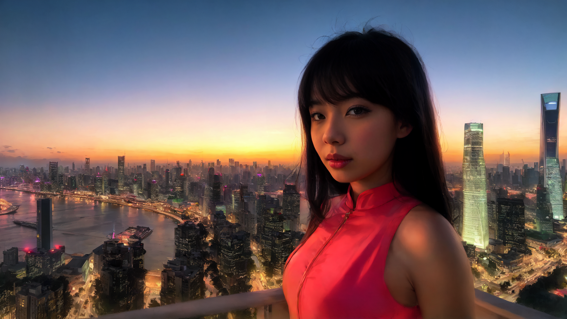 AI generated wallpaper featuring woman, cityscape, sunset