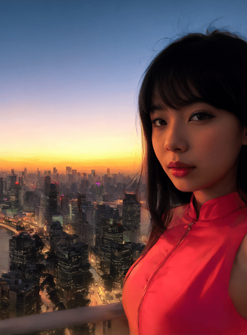 woman, cityscape, sunset