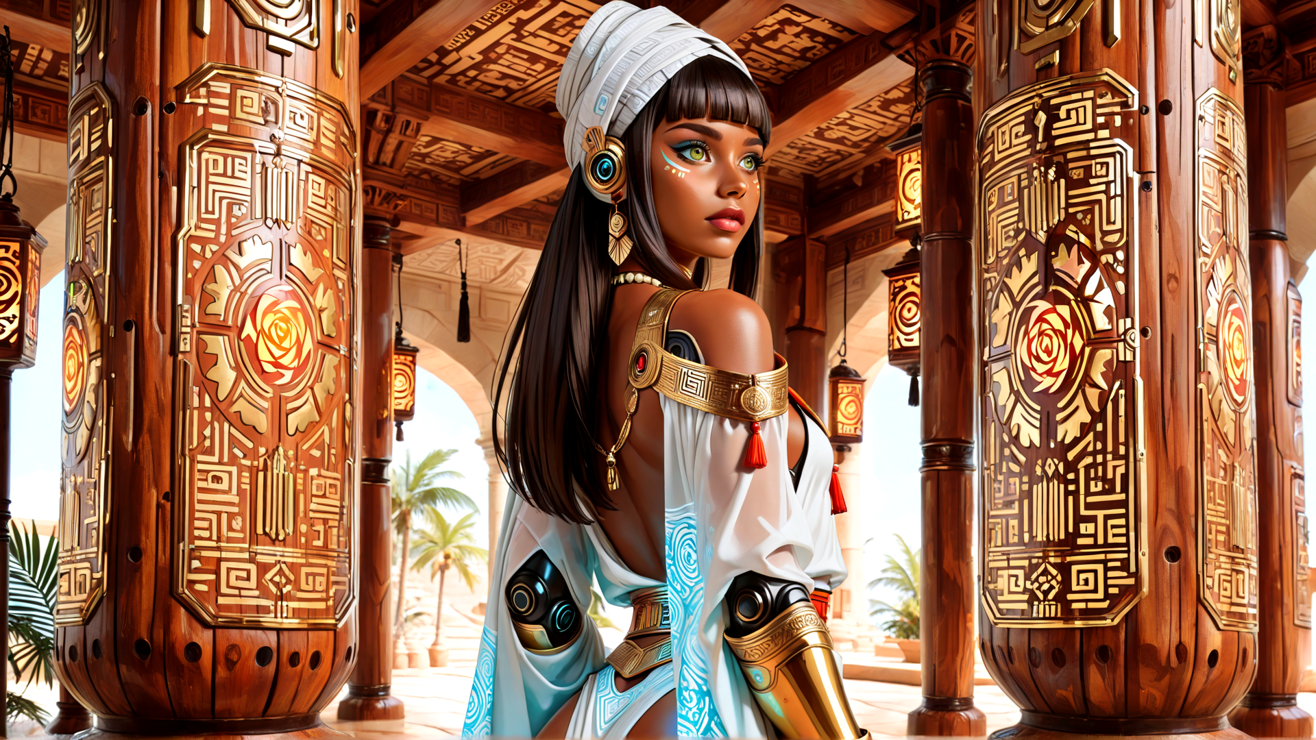 AI generated wallpaper featuring woman, columns, lanterns, pattern, armor, headwrap, dress, gears, palm trees, arches
